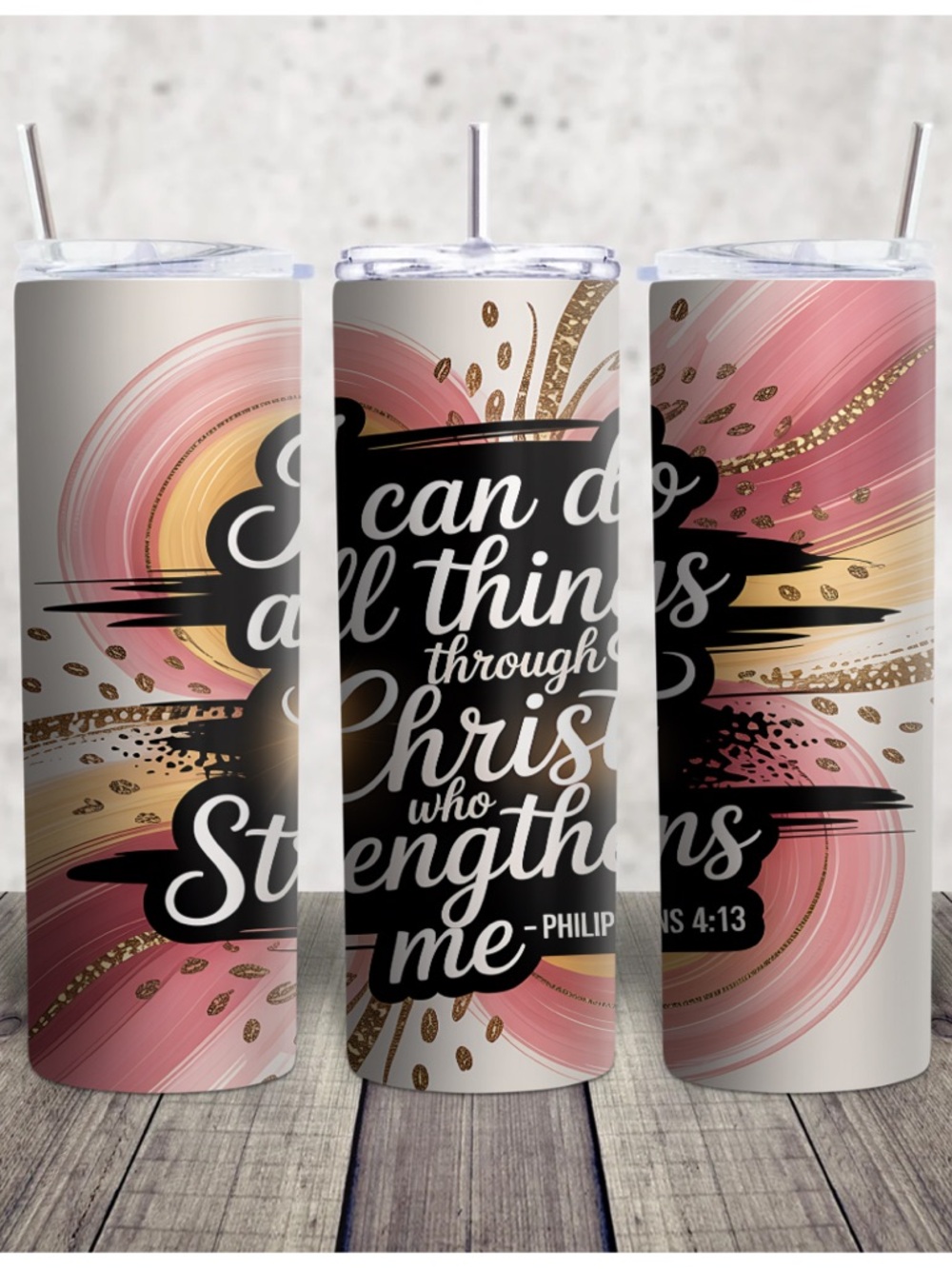Hand Crafted Pink Gold Black Inspirational Scripture Tumbler